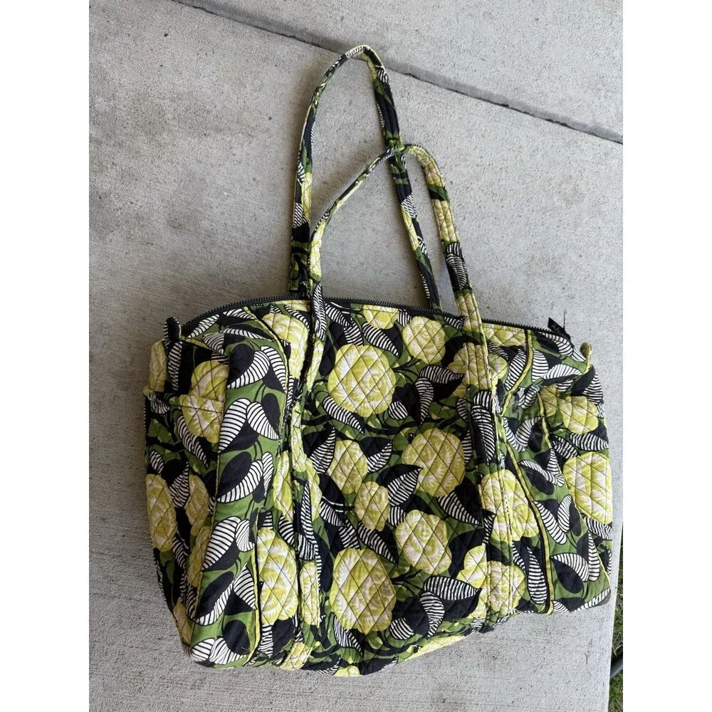 Vera Bradley La Neon Rose Quilted Duffel Tote Weekend Bag Green Black